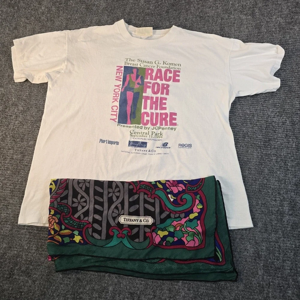 1994 Susan G. Komen Race For The Cure NYC T-Shirt L + Tiffany & Co Silk Scarf